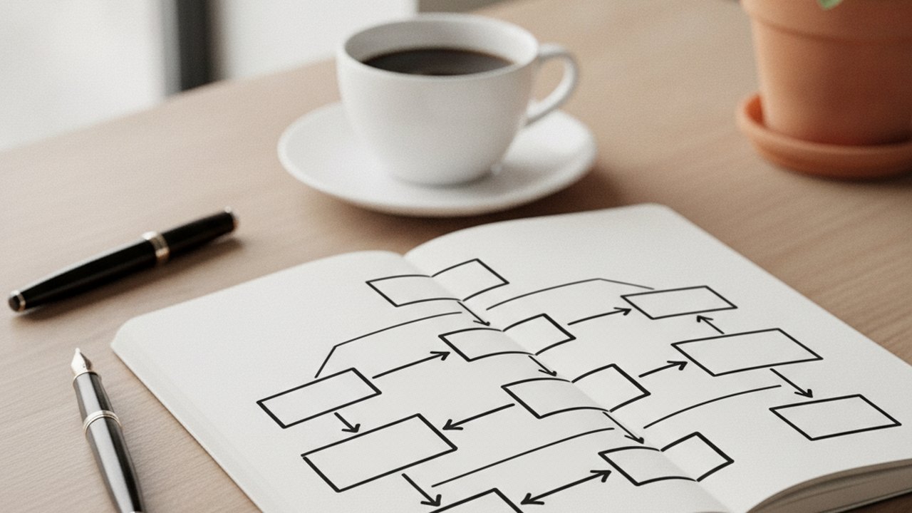 Schéma d'un processus métier dessiné à la main, étape de conception d'un logiciel sur mesure